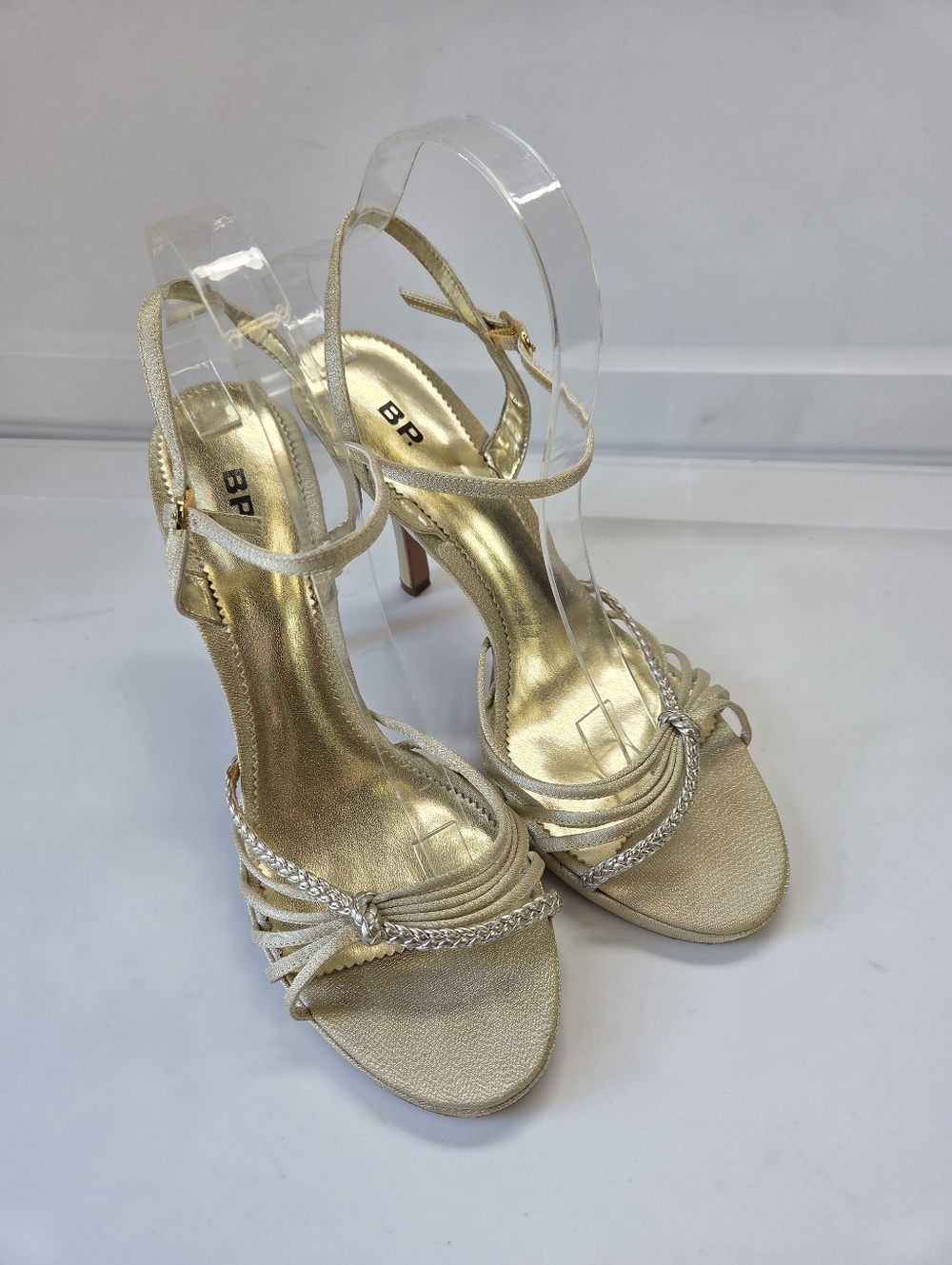 BP. Jeri Metallic Gold Ankle Strap Braid Accent Greek Goddess Heel Size 10